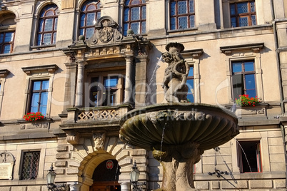 Glatz Brunnen am Rathaus - the town Klodzko, Poland, fountain and Town Hall
