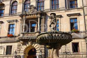 Glatz Brunnen am Rathaus - the town Klodzko, Poland, fountain and Town Hall