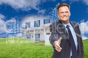 Male Agent Reaching for Hand Shake in Front of Ghosted New House
