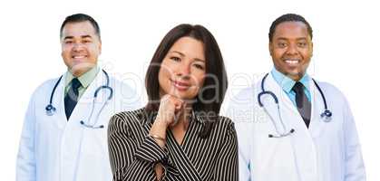 Two Mixed Race Doctors Behind Hispanic Woman on White