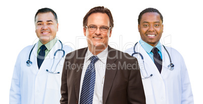 Two Mixed Race Doctors Behind Businessman  Isolated on White