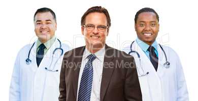 Two Mixed Race Doctors Behind Businessman  Isolated on White