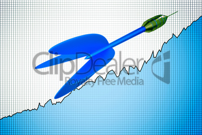 Dart arrow with rising chart, 3d illustration