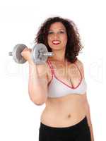 Busty woman with dumbbells.
