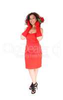 Woman in red dress and red cloves.