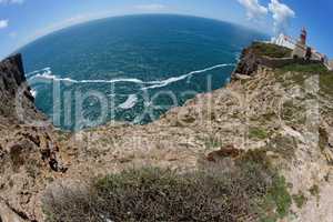 Fisheye view of Saint Vincent Cape and lighthouse in Algarve, Portugal