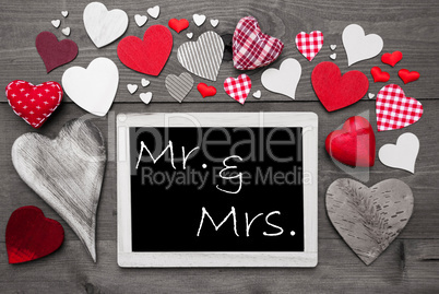 Chalkbord With Many Red Hearts, Mr And Mrs