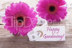 Pink Spring Gerbera, Label, Text Happy Gardening