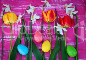 Chocolate colored eggs among fresh flowers tulips and daffodils