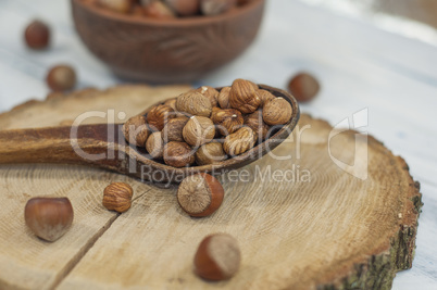 Shelled nuts, hazelnuts in a wooden spoon