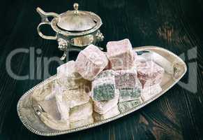 Rose flavoured Turkish delight in traditional silver bowl