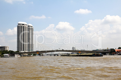 Riverside view. Bridge over Chao Pharay River, Bangkok, Thailand