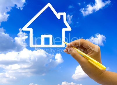 Hand drawing house icon on blue sky.