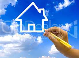 Hand drawing house icon on blue sky.