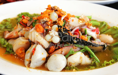 Thai seafood salad in thai restaurant.