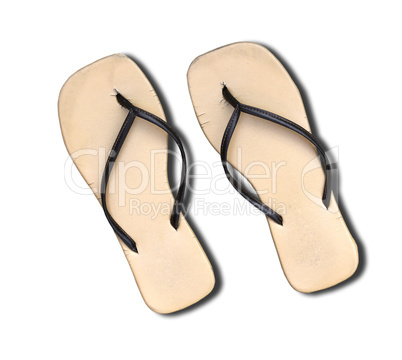 Pair of old flip flop sandals isolated on white.