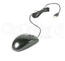 Black computer mouse with cable on white background.