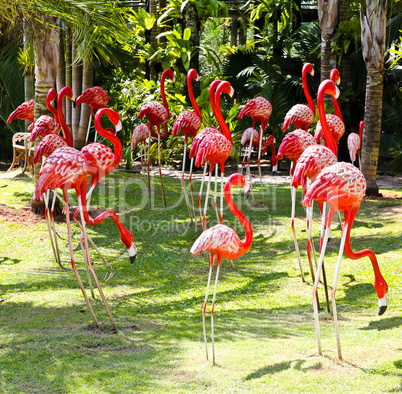 Flamingo bird model in the garden.
