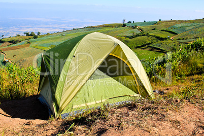 Camping tent in the mountains.