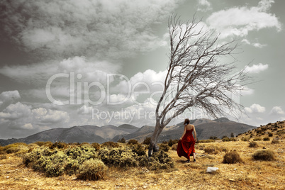 Landscape with girl and tree