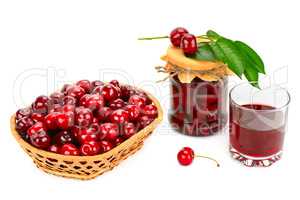Glass of juice, basket of cherries and jar of jam