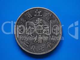 Old chinese coin over blue