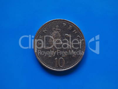 10 pence coin, United Kingdom over blue