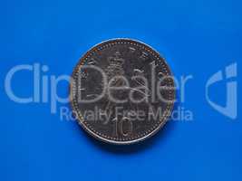 10 pence coin, United Kingdom over blue