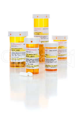 Non-Proprietary Medicine Prescription Bottles and Pills Isolated