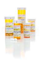 Non-Proprietary Medicine Prescription Bottles and Pills Isolated
