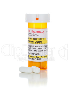 Non-Proprietary Medicine Prescription Bottle and Pills Isolated
