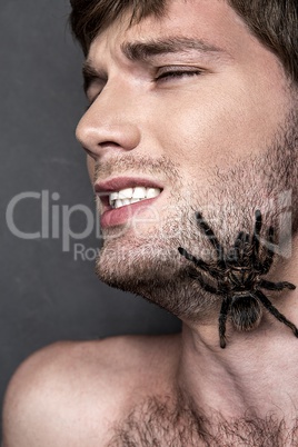 Portrait of a Young Handsome Man with Spider on His Face