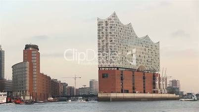Elbphilharmonie in hamburg, germany filmed from a boat on elbe river 2016