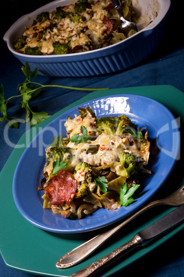 Ribbon pasta Casserole with chorizo and vegetables