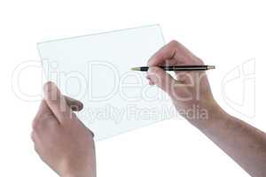 Man hand pretending to be writing on clipboard