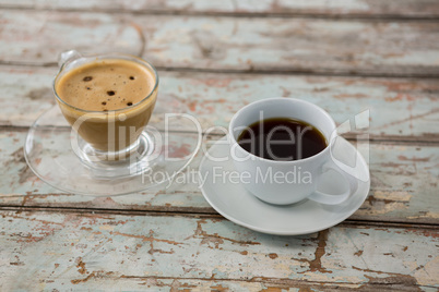 Close-up of espresso coffee and black coffee