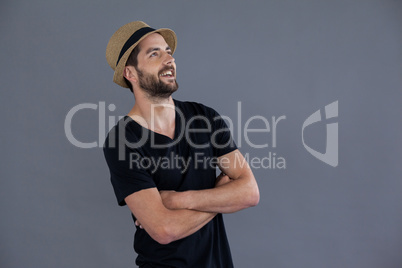 Happy man in black t-shirt and fedora