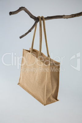 Jute bag hanging on a tree branch