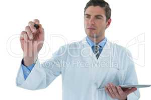 Doctor with digital tablet pretending to be using futuristic digital screen
