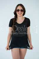 Woman in black t-shirt and hot pants