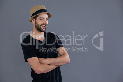 Happy man in black t-shirt and fedora hat
