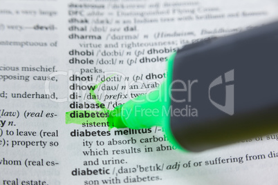 Highlighted word diabetes in dictionary