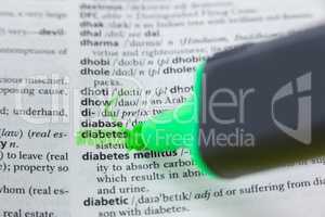 Highlighted word diabetes in dictionary