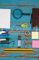 Notepad, stapler, pins, sellotapes, diary, sticky notes, ruler and pens