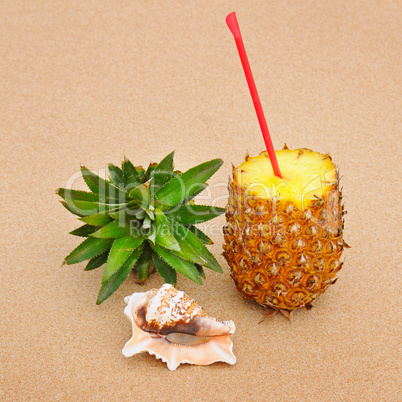 composition of juicy pineapple and sea shells on sand background