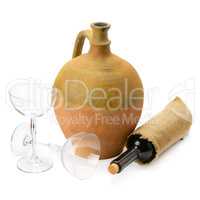 wine glasses, a wine bottle and amphora isolated on white backgr