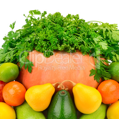 Fruits, vegetables and herbs isolated on white background.