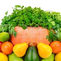 Fruits, vegetables and herbs isolated on white background.