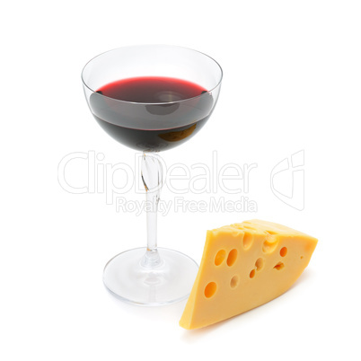 glass of wine and a slice of cheese isolated on white background