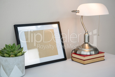 Picture frame, books, table lamp and potted plant on table
